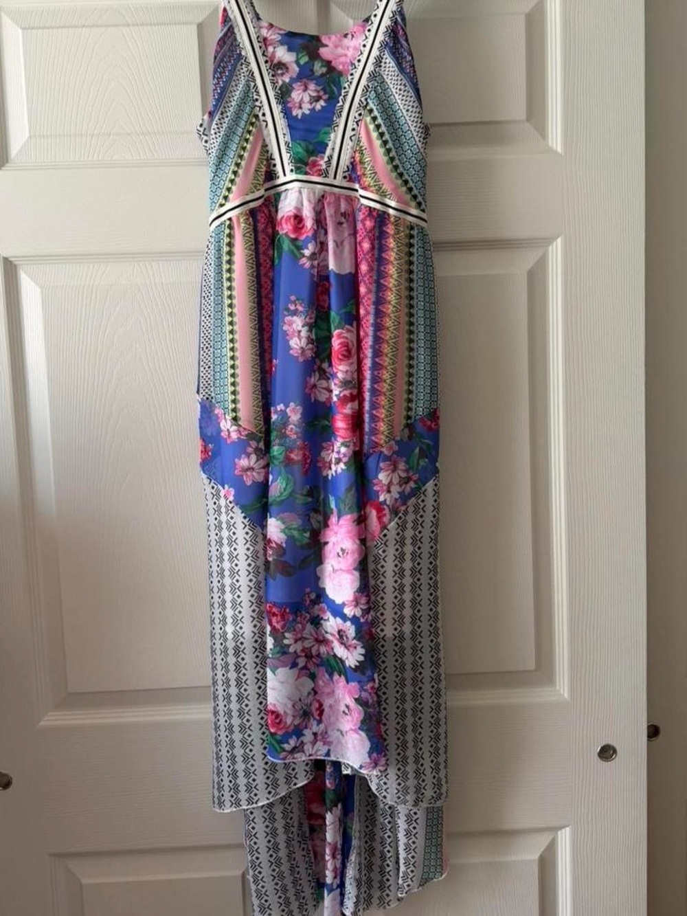 Truly Me Blue and Pink Floral Patchwork High-Low Maxi Dress